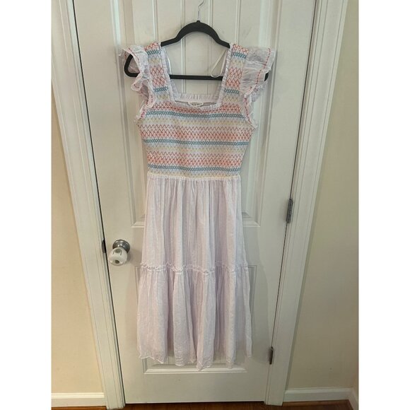 Feel The Roses White Smocked Multicolor Embroidery Midi Dress Sz‎ Small NWT - Picture 2 of 5